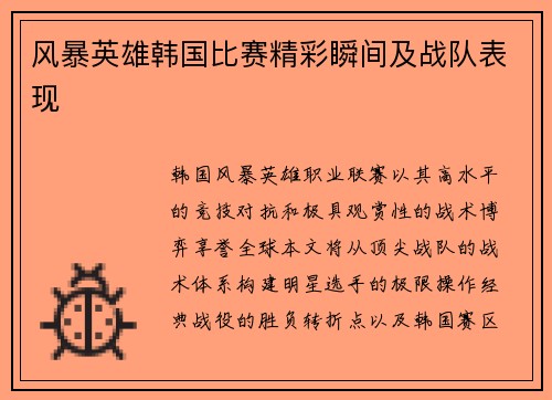 风暴英雄韩国比赛精彩瞬间及战队表现